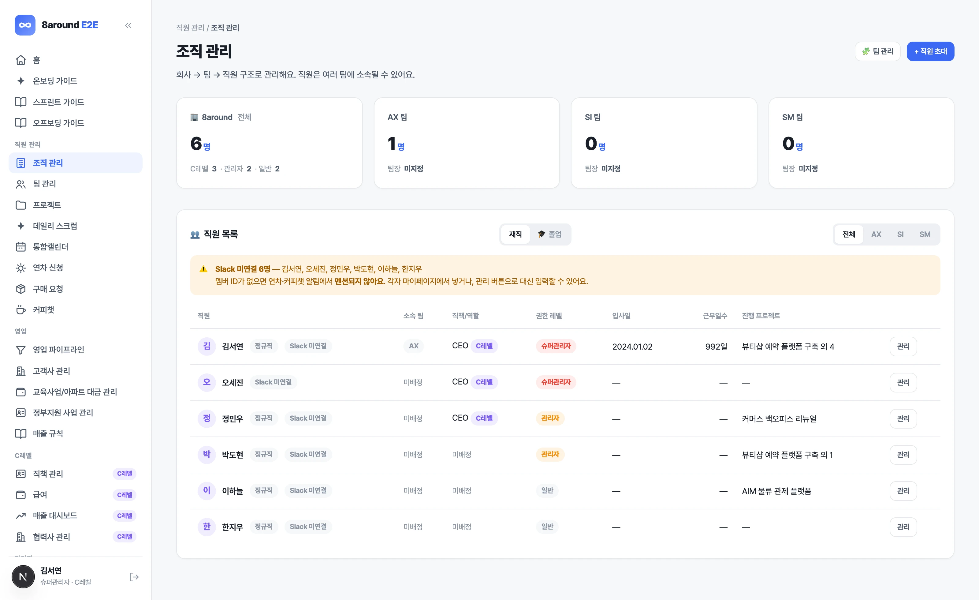 E2E 조직 관리 화면
